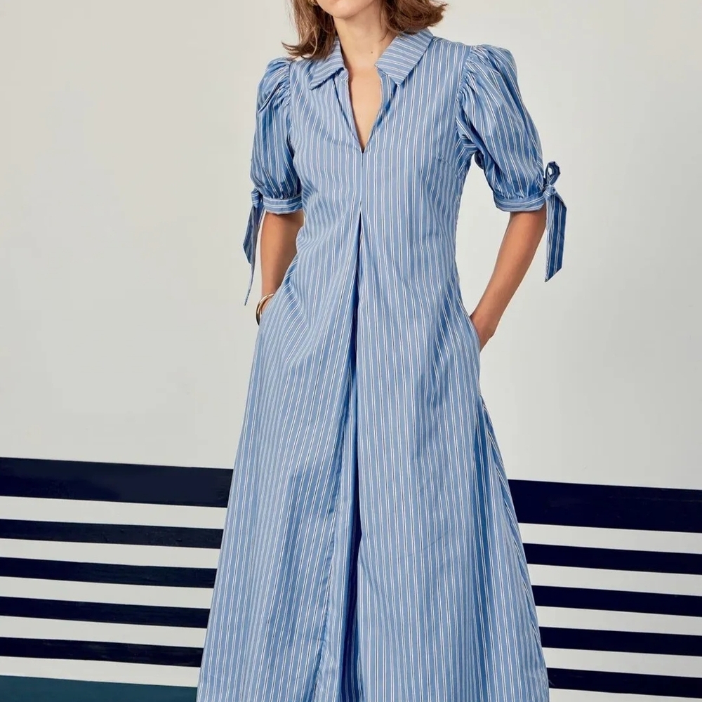 English Factory NWOT Size 1X Powder Blue Striped Godet Midi Dress - Picture 4 of 7